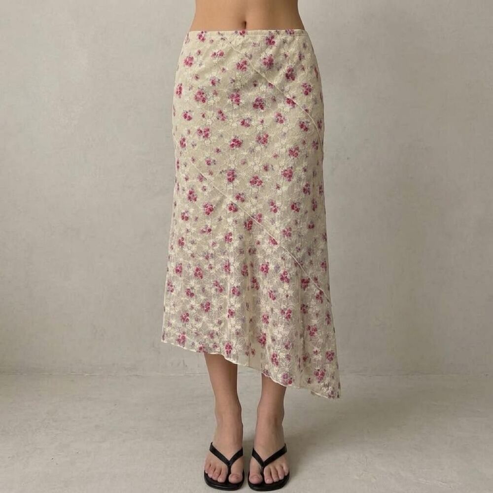 Boho Floral Lace Asymmetrical Midi Skirt Lined Cottagecore Size XL 14 Fairycore